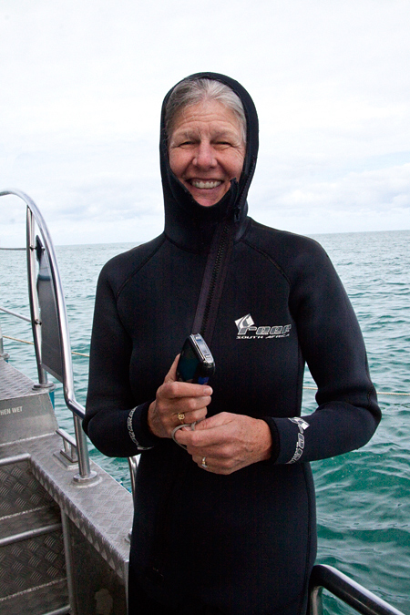 Joan, in Wetsuit, Ready to Go Into the Cage, Shark Cage Diving in Kleinbaai, South Africa